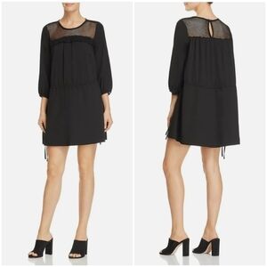 Le Gali Black Boho Babydoll Dress Mesh Top Drawstring Waist 3/4 Sleeve